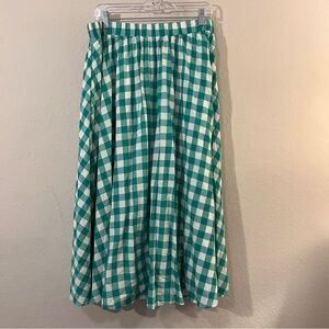 A New Day Green Gingham Pleated Midi Skirt, Size Large – EUC, Rayon / Polyester